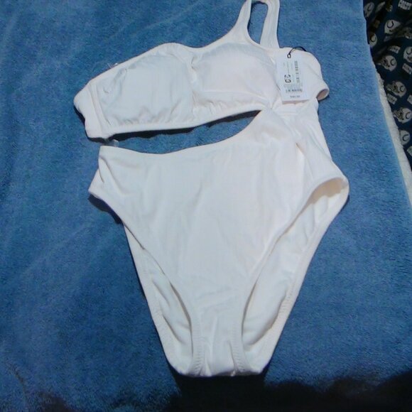 Shade & Shore Womens Ribbed 1-Shoulder Cut-Out Cheeky 1 Piece Swimsuit Ivory Siz - Picture 2 of 16